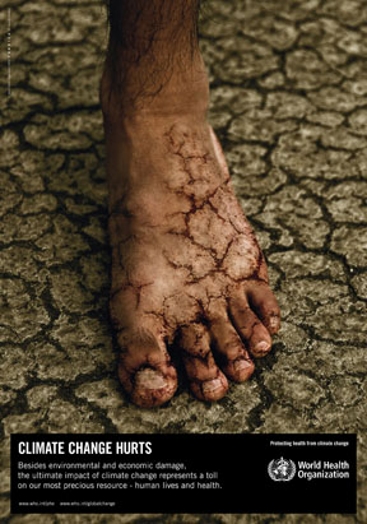 A poster showing a foot with fissures on a dried fissured soil.