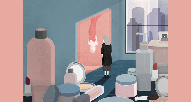 A drawing of a woman standing in a room, looking at an upside-down image of herself wearing different clothes. The city scape is visible trough the room's window. Also the room is filled with different shampoo bottles, lipsticks, nose powder boxes and creams.