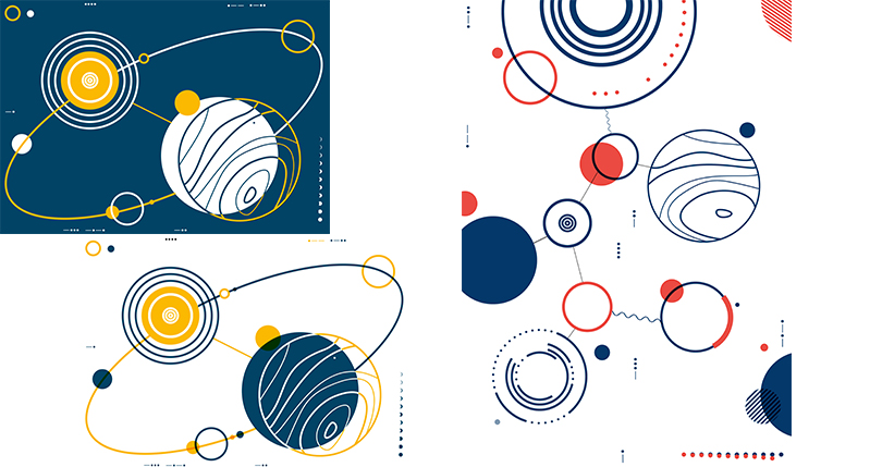 A set of book cover designs, colored blue, red, and yellow, representing planets or spheres and different circles.