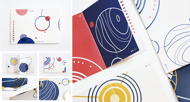 A set of book cover designs representing planets or spheres and different circles.
