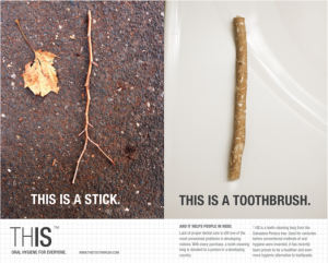 A poster showing two photos, one with a leaf and a stick on the floor and the other with a stick in a sink. One of them has the title This is a stick and the other one has the title This is a Toothbrush.