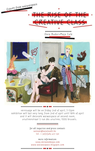 A poster showing two girls, one holding a baby and the other holding a gun while sitting in a room, near a table and a catlike creature.
