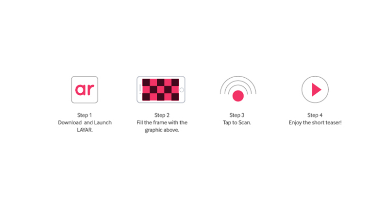 A poster showing four steps and some black, white and pink pictograms like this: the letter AR in a square, a phone with a checkered table on the screen, a WiFi like icon and a play button.