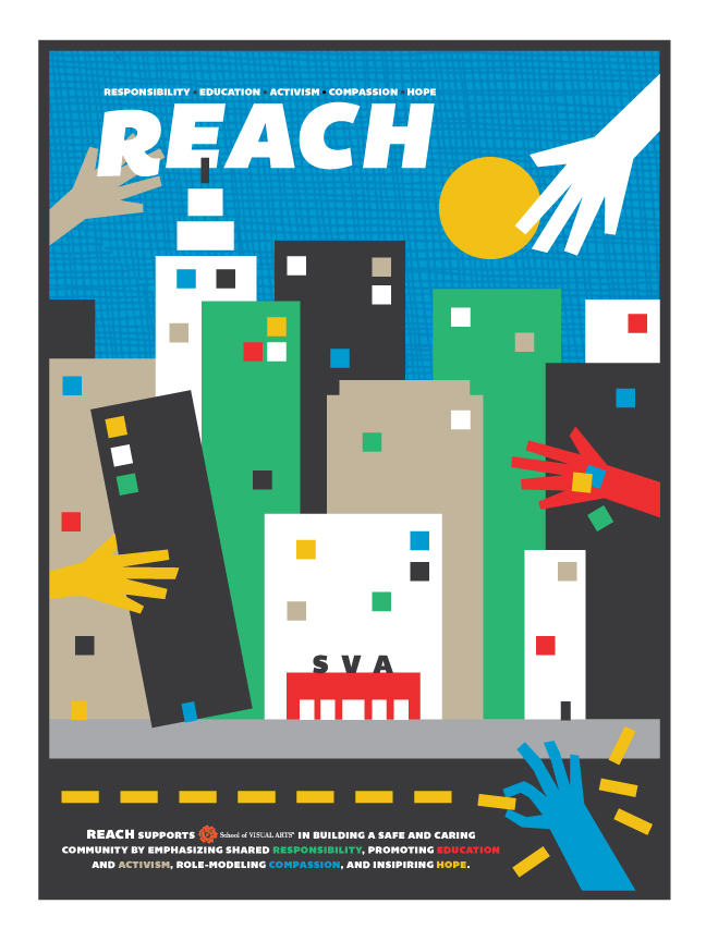 A poster showing a cityscape made from colored hands, squares and circles with the title Reach.
