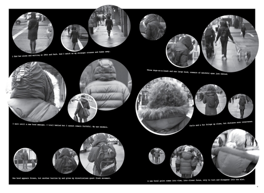 A group of black and white pictures framed in circles showing the backs of people.