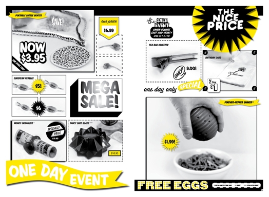 A black, white and yellow commercial flier showing different objects and foods on sale.