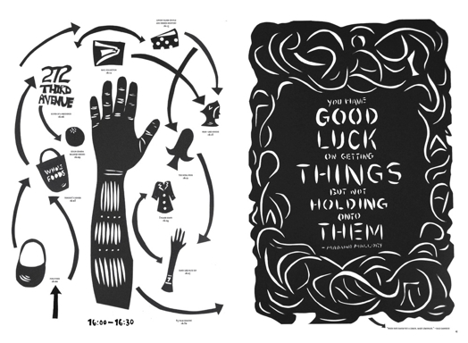 A black and white sketch of a hand and other objects alongside some text.
