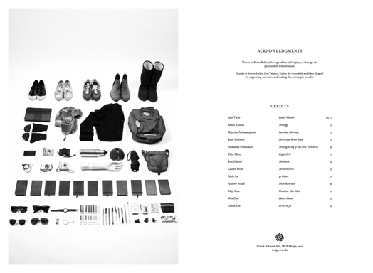 An opened photo book showing a photo of different items like shoes, bags, sunglasses, pencils wallets photo cameras and other various objects along with a list of credits.