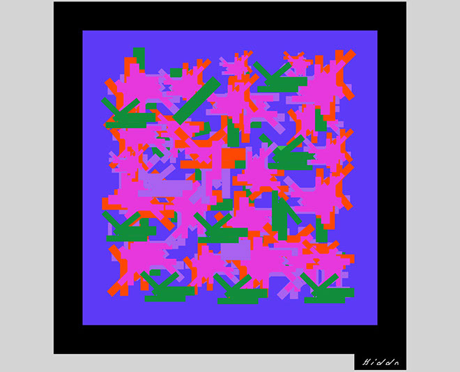 A blue, pink, red and orange fractal like pattern.