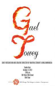 A SVA poster with red and yellow canvas strokes for the first letters of a name. The name is: Gael Towey.