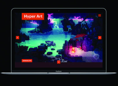 A laptop depicting colorful green, violet and pink generated artwork environment for a game.