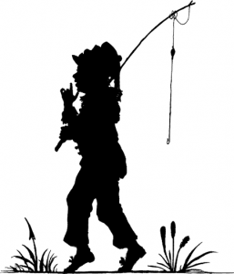 A black and white image of a person waking with a fishing stick.