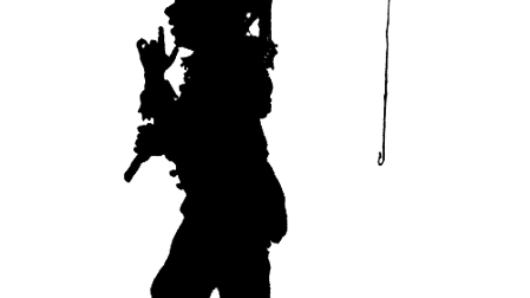 A black and white image of a person waking with a fishing stick.