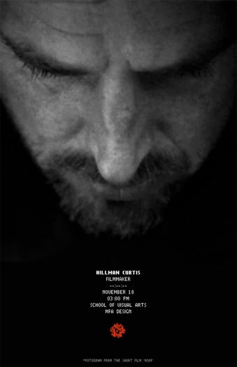 A poster showing a black and white photo of a man's face looking at something.