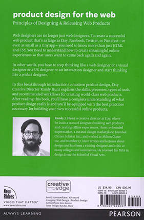A back cover of a green book with title product design for the web, some text and a black and white photo of a man.