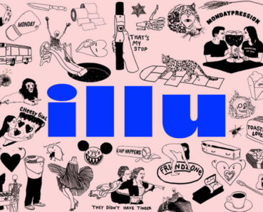 A pink poster with drawings of girls, animals, objects and in the middle the word illu written in blue letters.