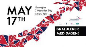 A poster with a polygonal pattern colored in blue and red. The title on it: Norwegian Constitution Day in New York.