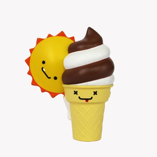 A photo of some toys depicting a personified sun and chocolate ice cream, one melting the other.