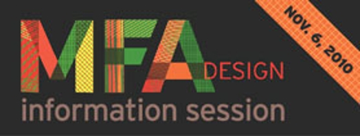 A logo of MFA Design made from color textile patterns. The text also says: information session.