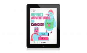 A tablet on which there is a website showing an image of personified animals. The title of the website: The Infinite Adventures Of Candide.