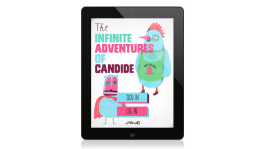A tablet on which there is a website showing an image of personified animals. The title of the website: The Infinite Adventures Of Candide.