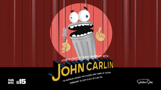 A poster with a personified trashcan that talks at a microphone on a stage. The title of the poster is: John Carlin.