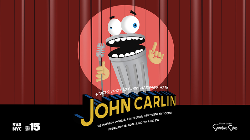 A poster with a personified trashcan that talks at a microphone on a stage. The title of the poster is: John Carlin.