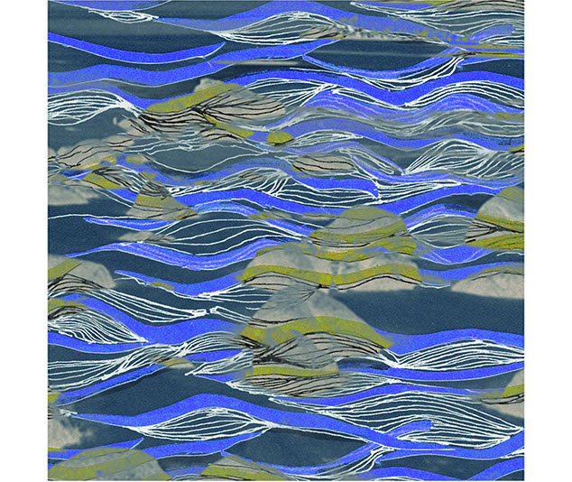 A painting depicting blue and green wavelike tides.