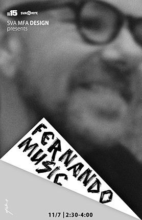 A black and white poster congaing a grained photo of a man wearing glasses. The photo appears to have on its back the text: Fernando Music.