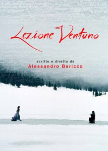 A poster showing a winter scene and two people facing each other. The background where the sky is distinct hand written words are visible.