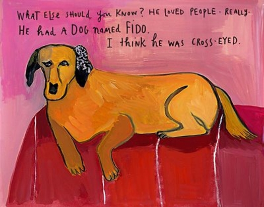 A painting of an orange dog sitting on a red blanket. On the pink background behind it there is some text.
