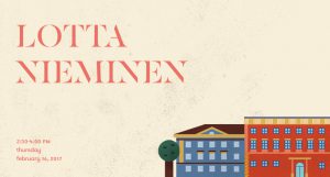 A poster showing a drawing of a green tree near a blue and red building. The text on the poster: Lotta Nieminen.
