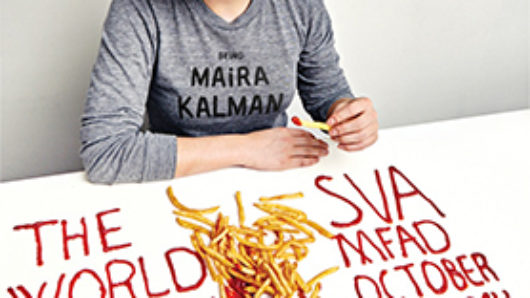 A poster of a woman sitting at a table filled with fries and the text written with ketchup: The World Trough Maria's Eyes. SVA MFAD.
