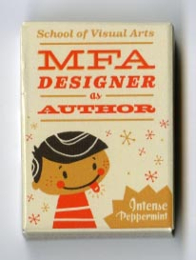 A cover box design showing pictograms of a child and the text: MFA Designer as Author. Intense Peppermint.