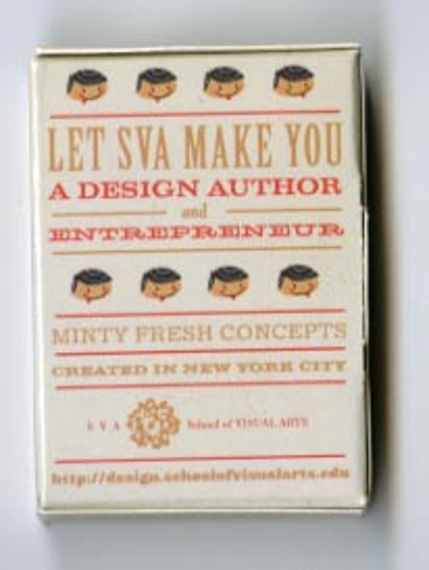 A cover box design showing pictograms of children's heads with text: Let SVA Make You A Design Author and Entrepreneur. Minty Fresh Concepts Created In New York City.