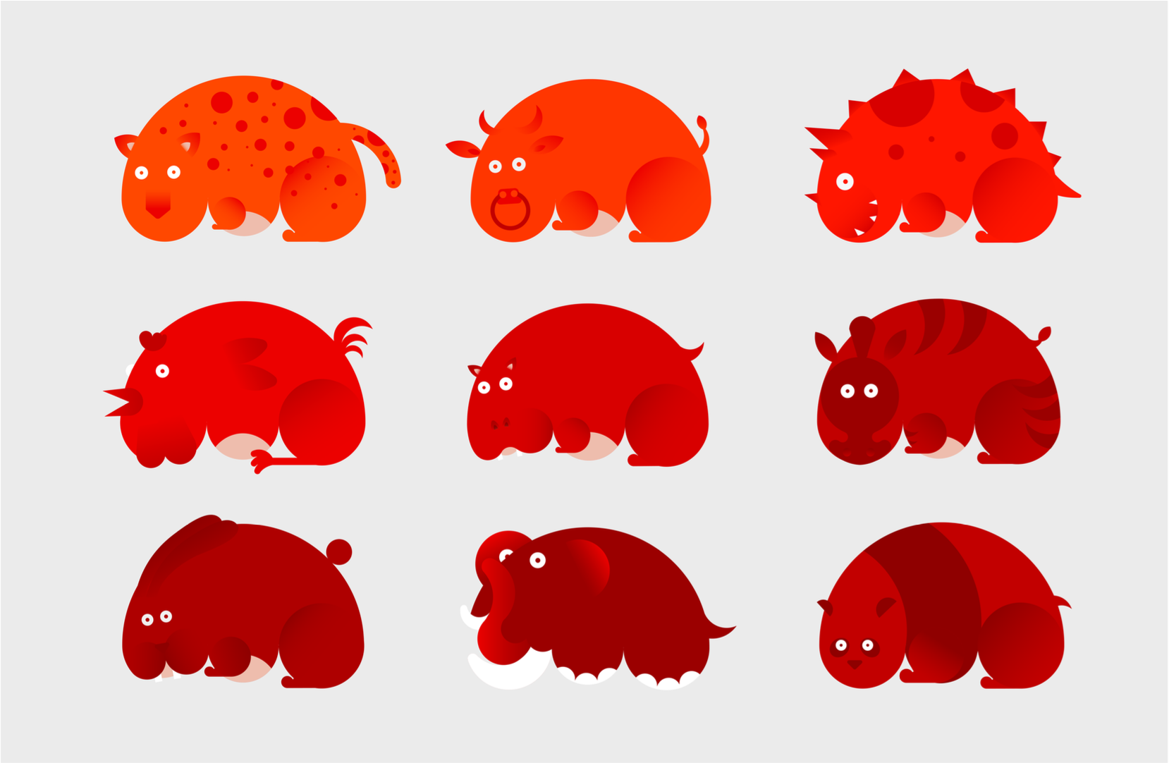 A set of nine red creatures drawn in the same style that represent: a leopard, a tiger, a bull, a hypo, a chicken, a dinosaur, bunny, an elephant or a panda.
