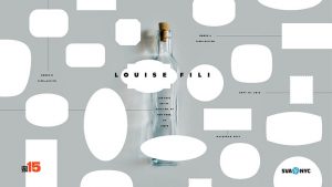 A photo of a glass bottle, and on top of the photo there are some white empty labels. The title of the poster is: Louise Fili.