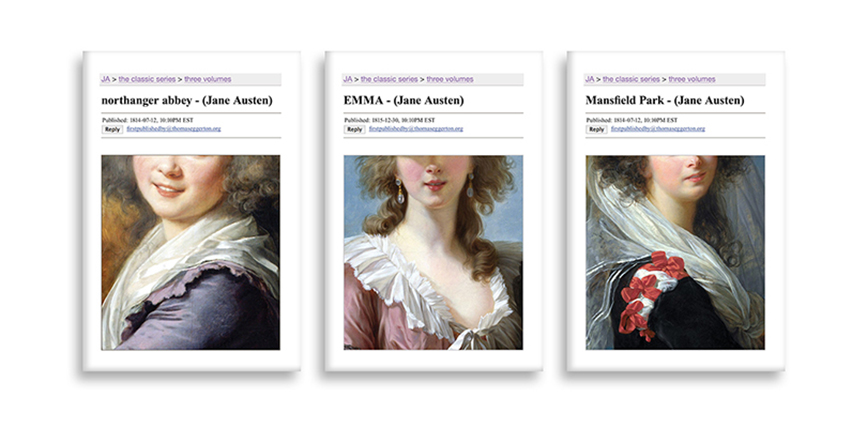A set of three classical paintings, each depicting a woman and the picture's title.