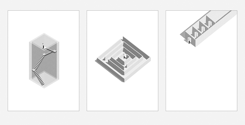 Three images of what looks like grey isometric buildings and a person near them.