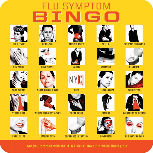 A group of black and white images on a yellow background with the title: Flu symptoms BINGO. The images show parts o the human body highlighted in red, a toilet seat or the text NYC.