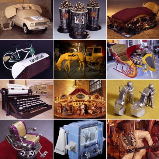 A group of photos showing different objects like: an old phone in the shape of a car, some cups filled with some gold nuggets, an extended armchair, a bike with a sanitation roller in front, a yellow sculpture depicting a horse and a carriage with the word NYC taxi, a snow carriage with v8 engine, a typewriter, a marry-go-round, some silver sandals with heals in a shape of an astronaut, a barbershop chair made from car parts, a blue tv made from bathroom tiles with a white towel, soap holder and shower knobs, a figurine of a musician in a white suit.