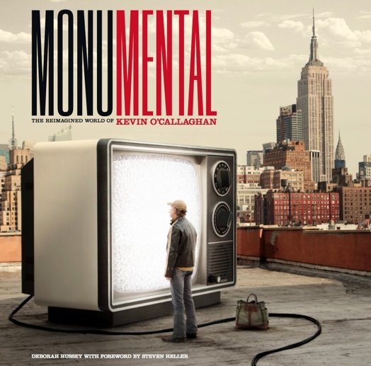 A photo of a man starring into the static of an old oversized tv set while in the background there is a part of New York City Scape. The title of the poster is: Monumental.