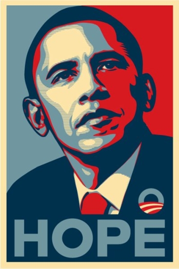 A blue red and white drawing of president Obama with text: Hope.