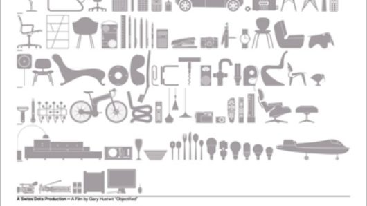 A poster that has different monochrome pictograms on it like: cars, chairs bicycles, watches, planes computers and others. The text Objectified is also on it.