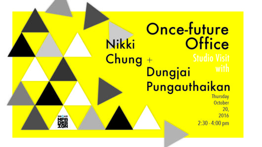 A yellow poster with black, grey and white triangle shapes over it. The text on the poster says: Once future Office. Nikki Chung Dungjai Pungauthaikan.