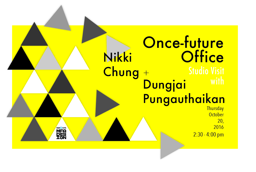 A yellow poster with black, grey and white triangle shapes over it. The text on the poster says: Once future Office. Nikki Chung Dungjai Pungauthaikan.