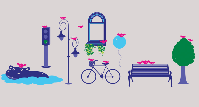 A picture showing some pictograms of benches, bicycles, widows with flowers, trees, light poles, hippos in water, balloons and traffic lights.
