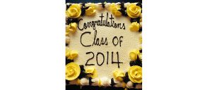 A photo of a cake with yellow roses on it and the text written in chocolate that says: Congratulations Class of 2014.