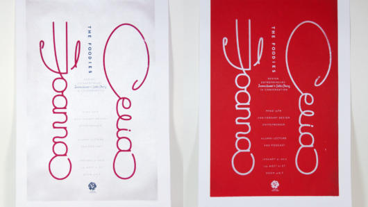 A photo of two posters one with red handwriting on white background and the other one identical except the colors are inverted so that the background is red and the writing is white.
