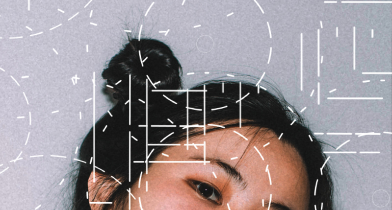A poster with a girls face covered by a set of white dotted lines and circles.